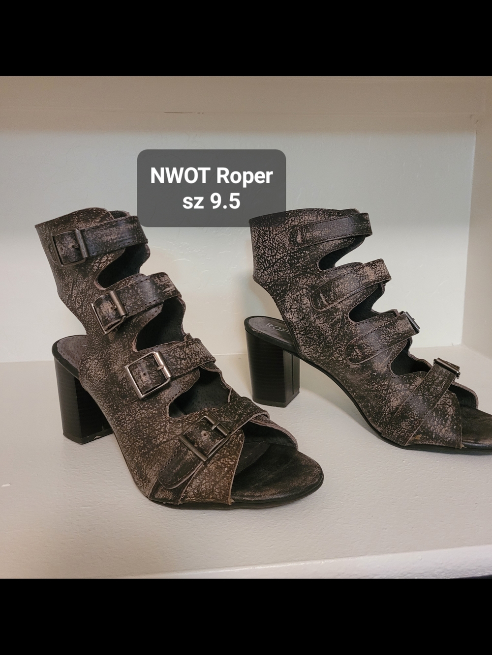 Roper Women's Distressed Black Multi-Buckle Block Heel Sandals